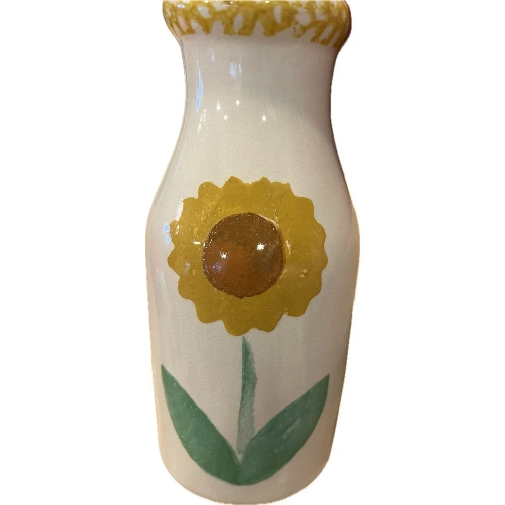 Hand Painted Ceramic Milk Bottle Vase Set Sunflower Pansy Farmhouse Decor